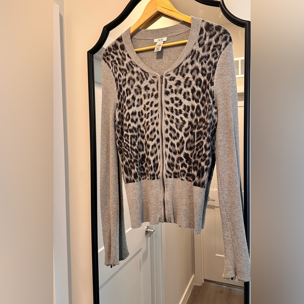 Cache Gray Leopard Print Zip-Up Cardigan